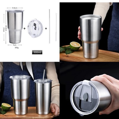 Double Layers Thermos Cup with Lid and Drinking Straw